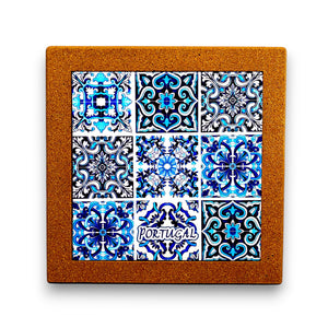 Portugal Cork Trivet with Blue Azulejo Tile Pattern