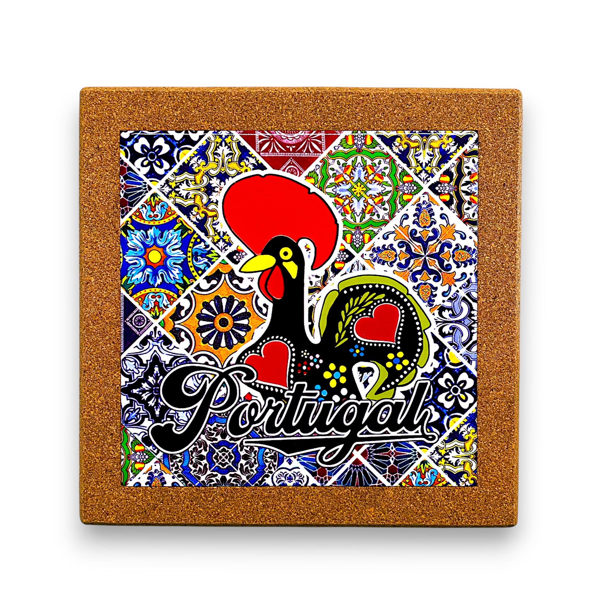 Coaster with Portuguese rooster design on a colorful tile pattern