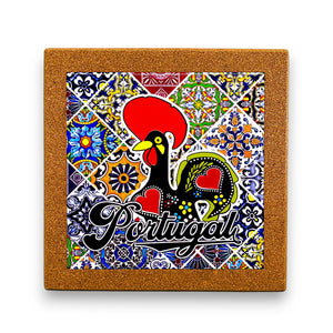 Coaster with Portuguese rooster design on a colorful tile pattern