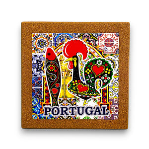 Cork trivet with Portuguese tile, Rooster of Barcelos and sardine design