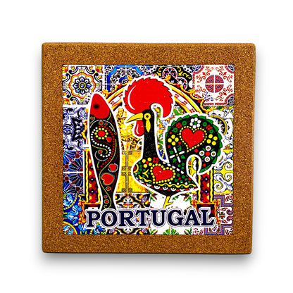 Cork trivet with Portuguese tile, Rooster of Barcelos and sardine design