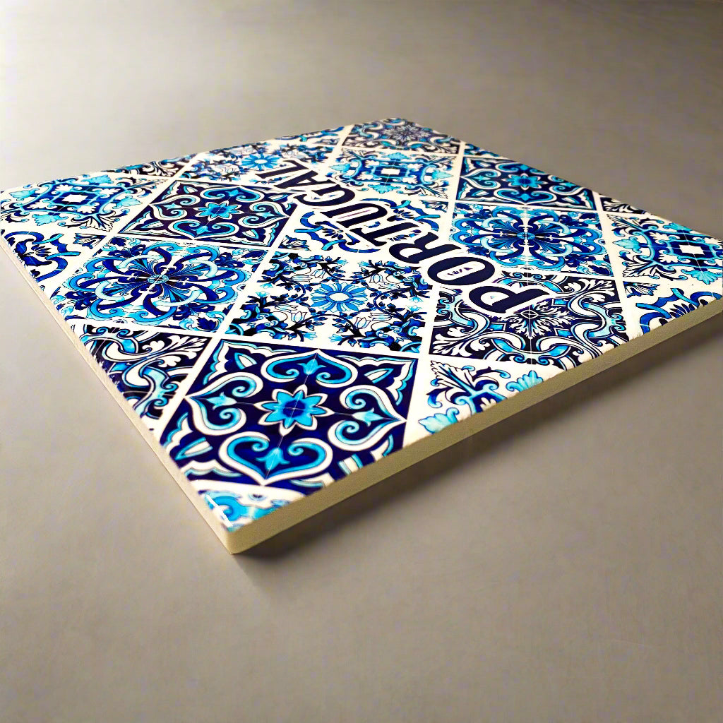 Tile with Portuguese design on a beige surface