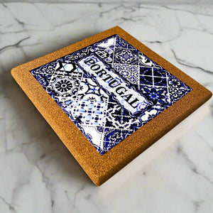 Cork trivet with blue and white tile design featuring the word 'Portugal'