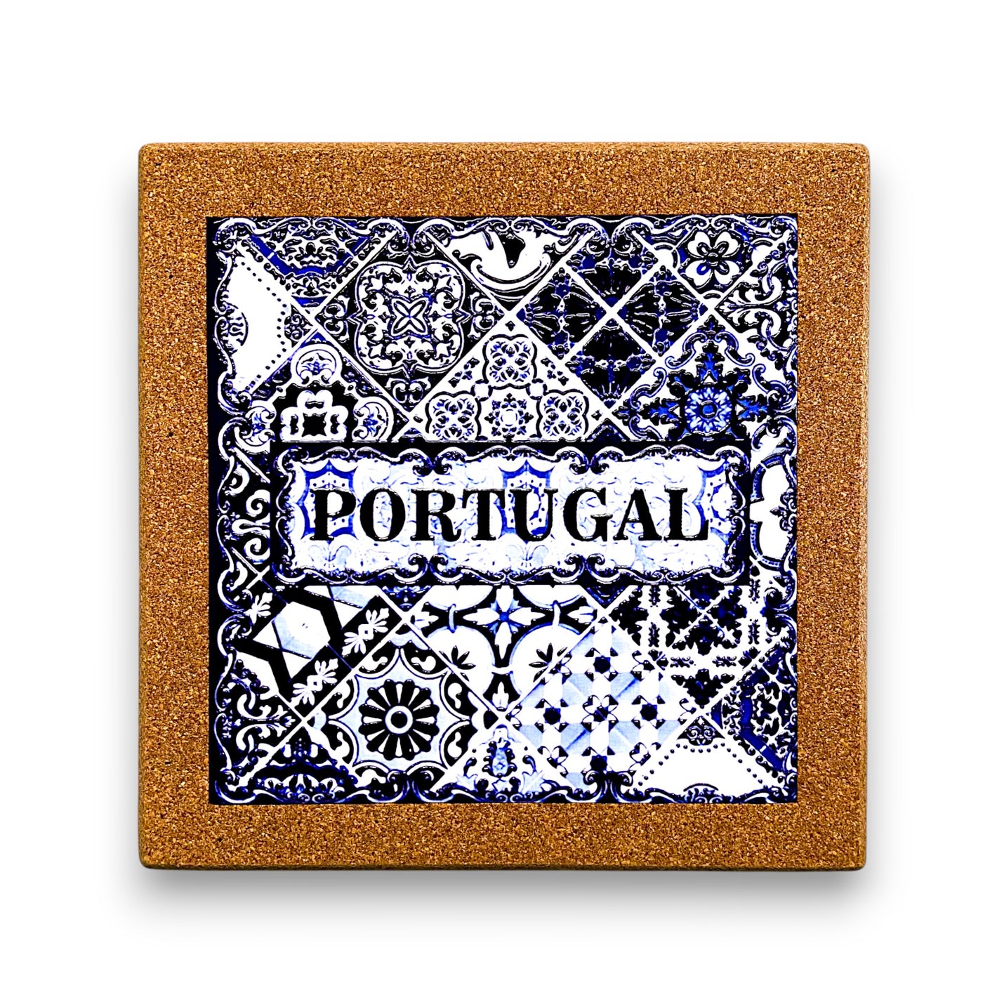 Ceramic tile with Portuguese design and cork back on a white background