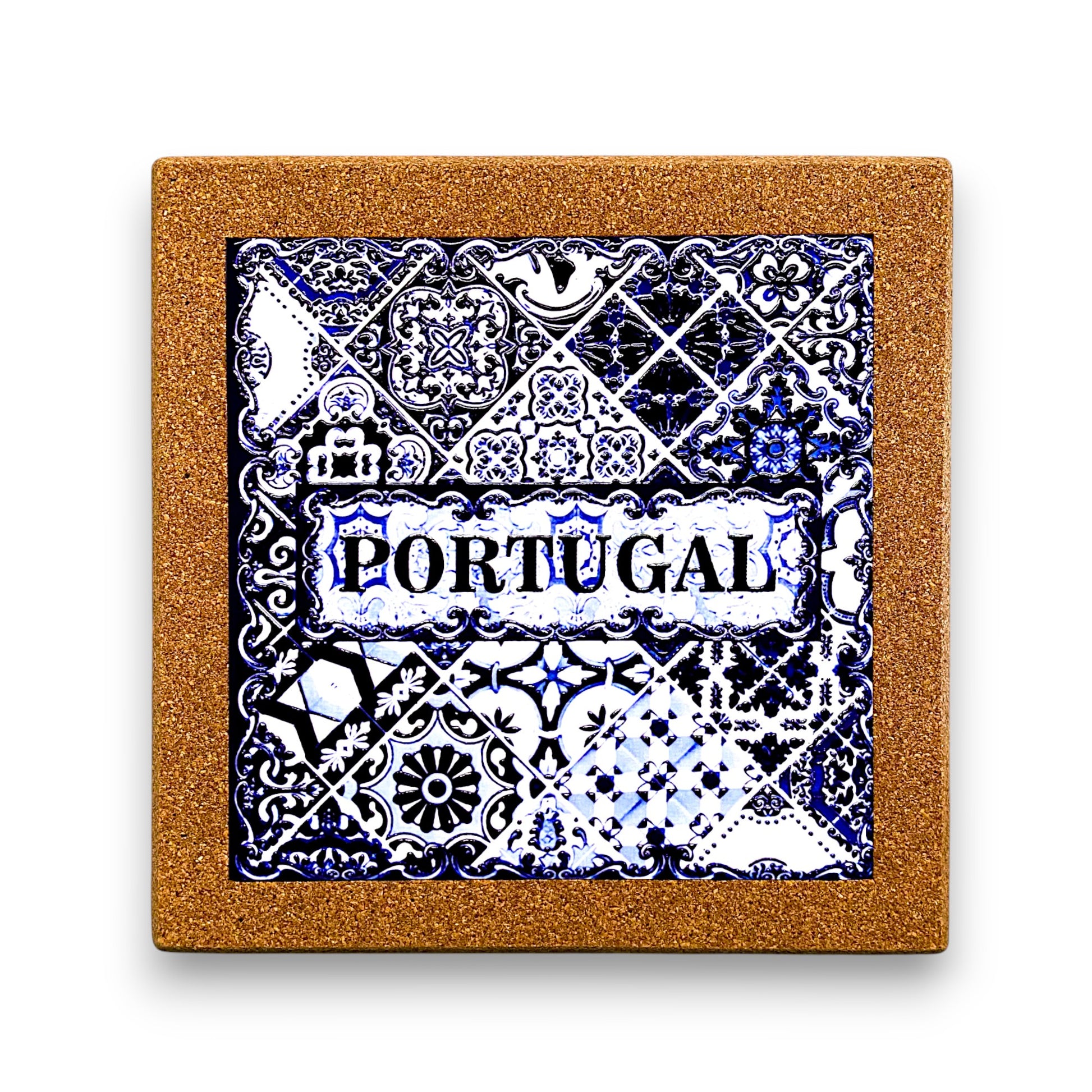 Ceramic tile with Portuguese design and cork back on a white background