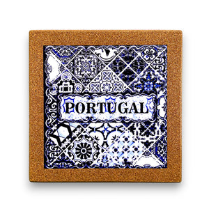 Ceramic tile with Portuguese design and cork back on a white background