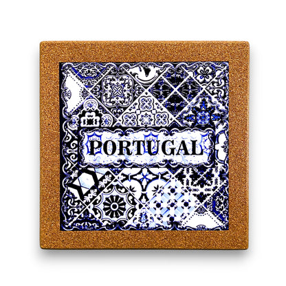 Ceramic tile with Portuguese design and cork back on a white background