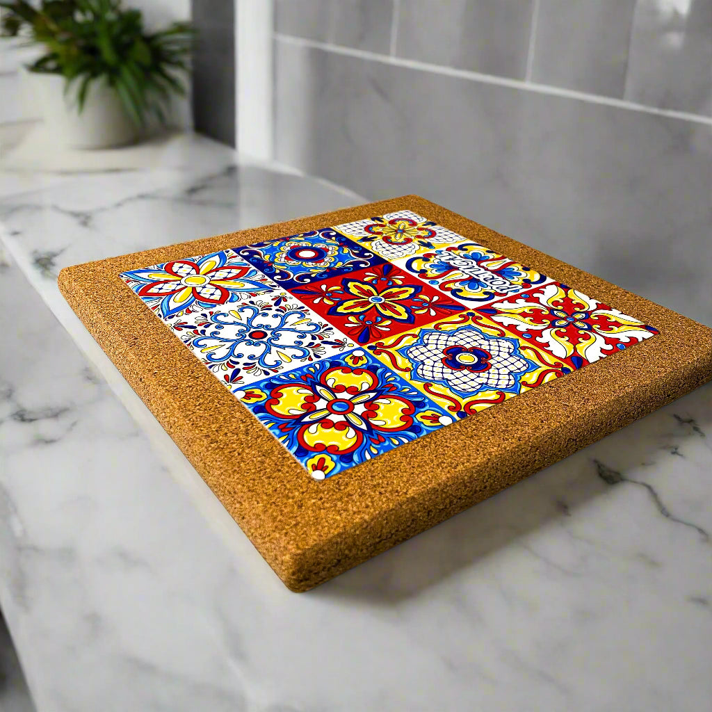Cork trivet showing nine-tile azulejo mosaic design from Portugal