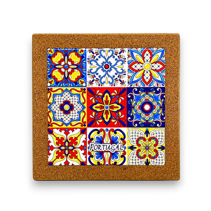 Portugal cork trivet with colorful azulejo tile pattern