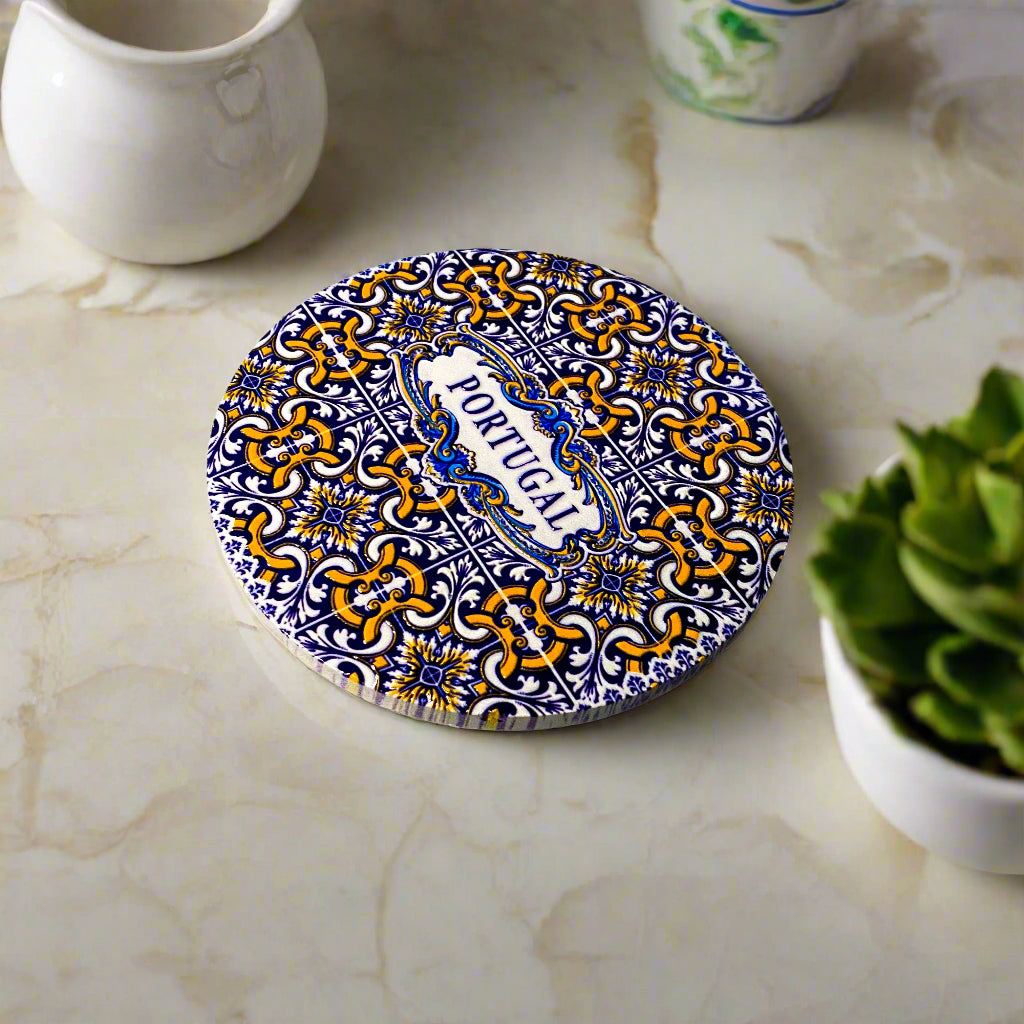 Decorative plate with Portuguese design on a plain background