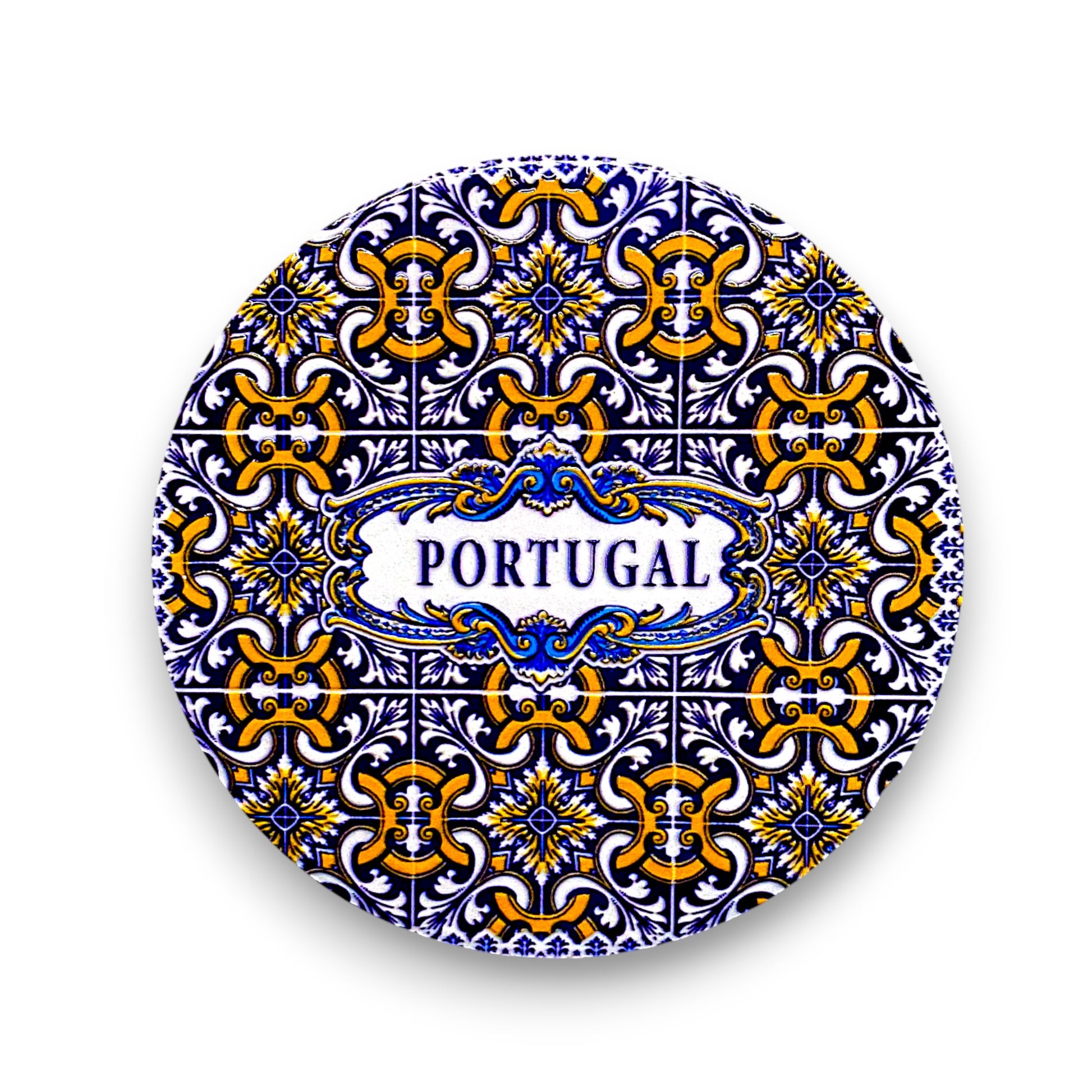 Decorative plate with Portuguese tile pattern and 'Portugal' text on a white background