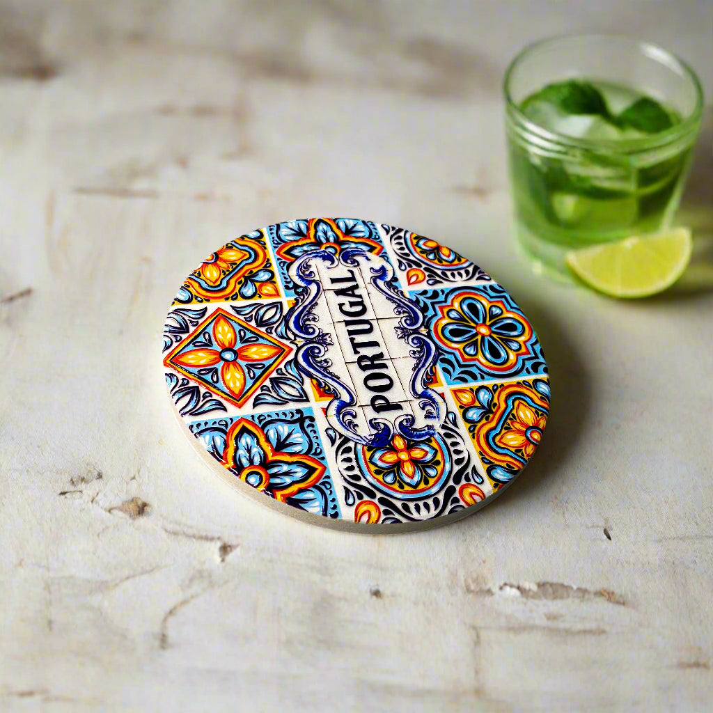 Decorative coaster with Portuguese design on a plain background