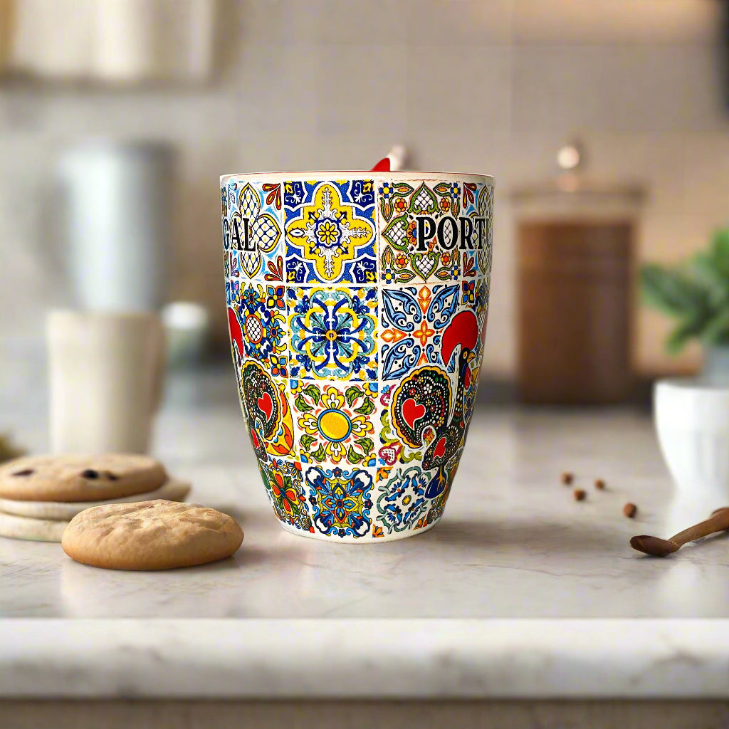 Colorful patterned cup with 'Portugal' text on a plain background