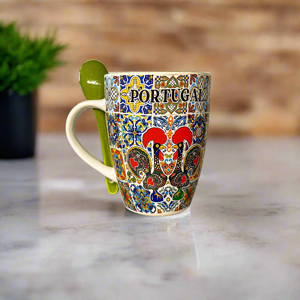 Colorful mug with 'Portugal' text on a white surface