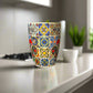 Colorful patterned mug with 'Portugal' text on a plain background