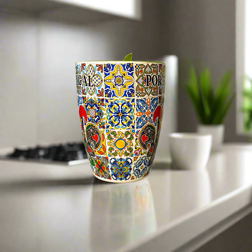 Colorful patterned mug with 'Portugal' text on a plain background