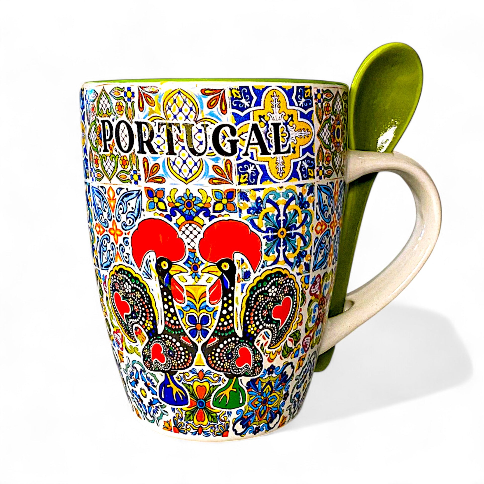 Colorful mug with 'Portugal' text and decorative patterns on a white background