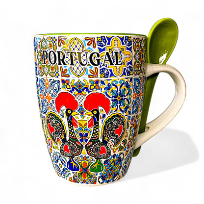 Colorful mug with 'Portugal' text and decorative patterns on a white background