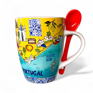 Colorful mug with Portuguese-themed design and red spoon on a white background