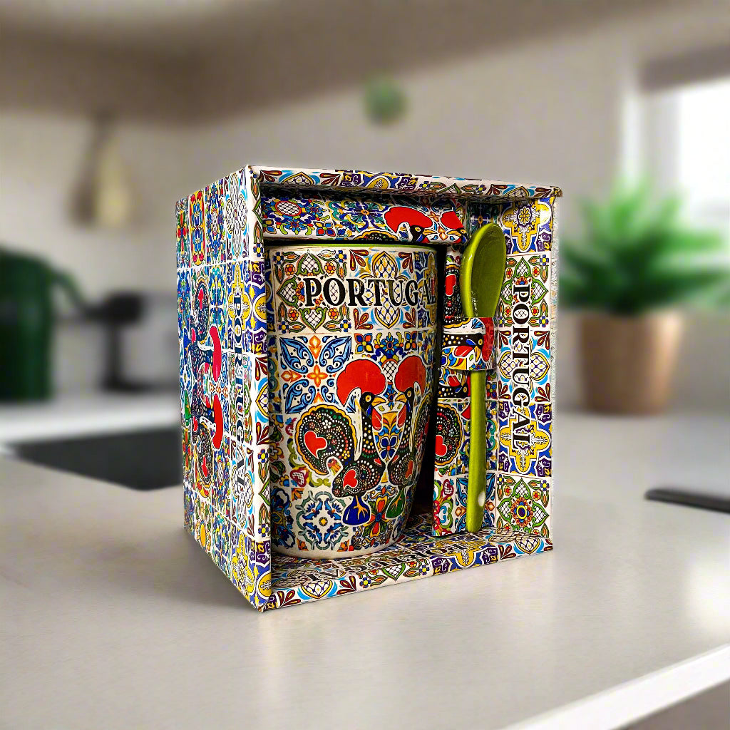 Colorful box with 'Portugal' text and traditional design on a white surface.