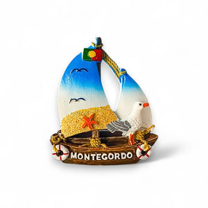 Monte Gordo Fridge Magnet – Portugal Souvenir with Sailboat, Seagull and Beach Design