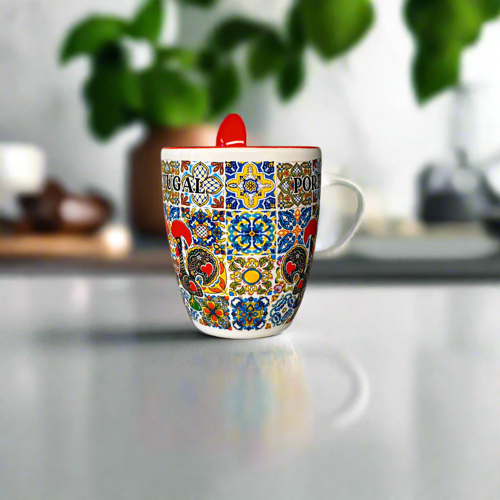 Decorative mug with colorful patterns on a plain background