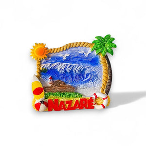 Imán para nevera de Nazaré: souvenir de Portugal con diseño de ola gigante, tabla de surf y faro