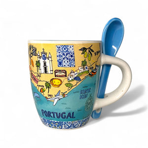 Mug with a blue spoon featuring illustrations of Portugal on a white background