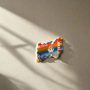 Algarve Kühlschrankmagnet-Set – Portugal-Souvenir im Regionalkarten-Design mit Tag- und Sonnenuntergangsmotiv
