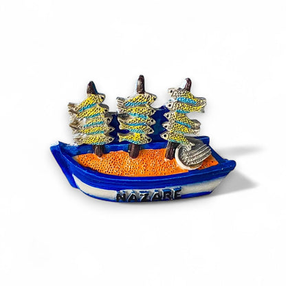 Nazaré Fridge Magnet – Portugal Souvenir Featuring Traditional Fishing Boat and Dried Fish
