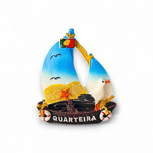 Quarteira Fridge Magnet – Portugal Souvenir with Sailboat, Seagull and Beach-Themed Design