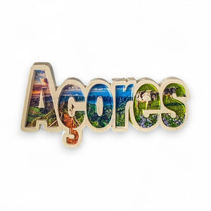 Azores Fridge Magnet – Portugal Souvenir with Panoramic Island Landscapes in Text Design