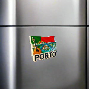 Porto Fridge Magnet – Portugal Souvenir with Bridge, Guitar and National Flag Design