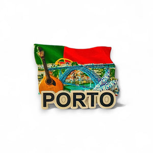 Porto Fridge Magnet – Portugal Souvenir with Bridge, Guitar and National Flag Design