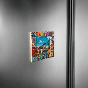 Porto Fridge Magnet – Dom Luís I Bridge and Clérigos Tower Souvenir with Portuguese Tile Border