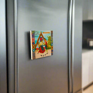 Madeira Fridge Magnet – Traditional House and Folk Dance Souvenir with Portuguese Tile Frame