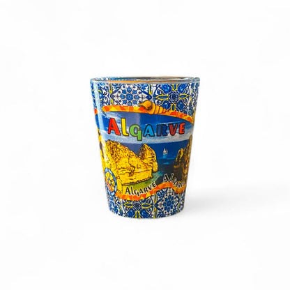 Algarve Shot Glass Souvenir with Coastal Landscape and Blue Azulejo Motifs