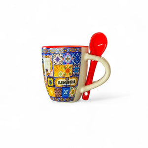 Chávena de Cerâmica de Lisboa com Colher Embutida - Design Português Clássico em Caixa Personalizada