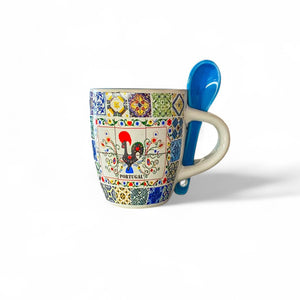 Portugal Ceramic Espresso Cup with Galo de Barcelos, Sardines, Colorful Tile Pattern and Blue Spoon – Gift Box Included