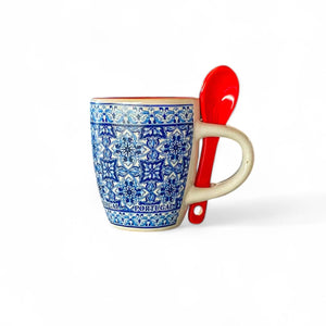 Chávena de café com desenho de mosaico português - Tema azul e vermelho, inclui colher em caixa de oferta personalizada