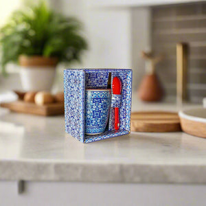 Chávena de café com desenho de mosaico português - Tema azul e vermelho, inclui colher em caixa de oferta personalizada