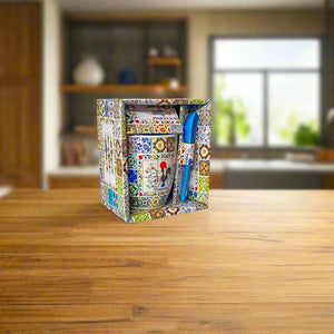 Portugal Ceramic Espresso Cup with Galo de Barcelos, Sardines, Colorful Tile Pattern and Blue Spoon – Gift Box Included