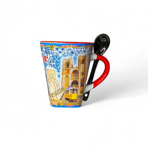 Lisbon Ceramic Souvenir Mug with City Landmarks, Blue Tile Motifs and Black Spoon – Gift Box Included