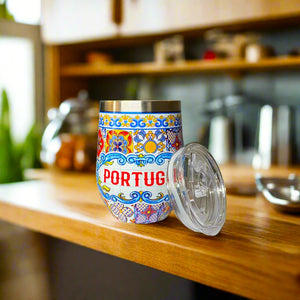 Copo Térmico de Souvenir de Portugal em Aço Inoxidável com Design Tradicional de Azulejos – Copo de Viagem Isotérmico