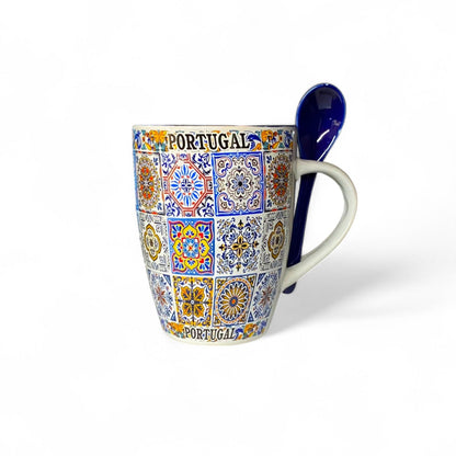 Portugal Keramik-Souvenirtasse mit farbigem traditionellem Azulejo-Fliesenmuster und Löffel – Geschenkbox inklusive

