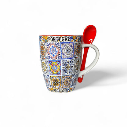 Portugal Keramik-Souvenirtasse mit farbigem traditionellem Azulejo-Fliesenmuster und Löffel – Geschenkbox inklusive

