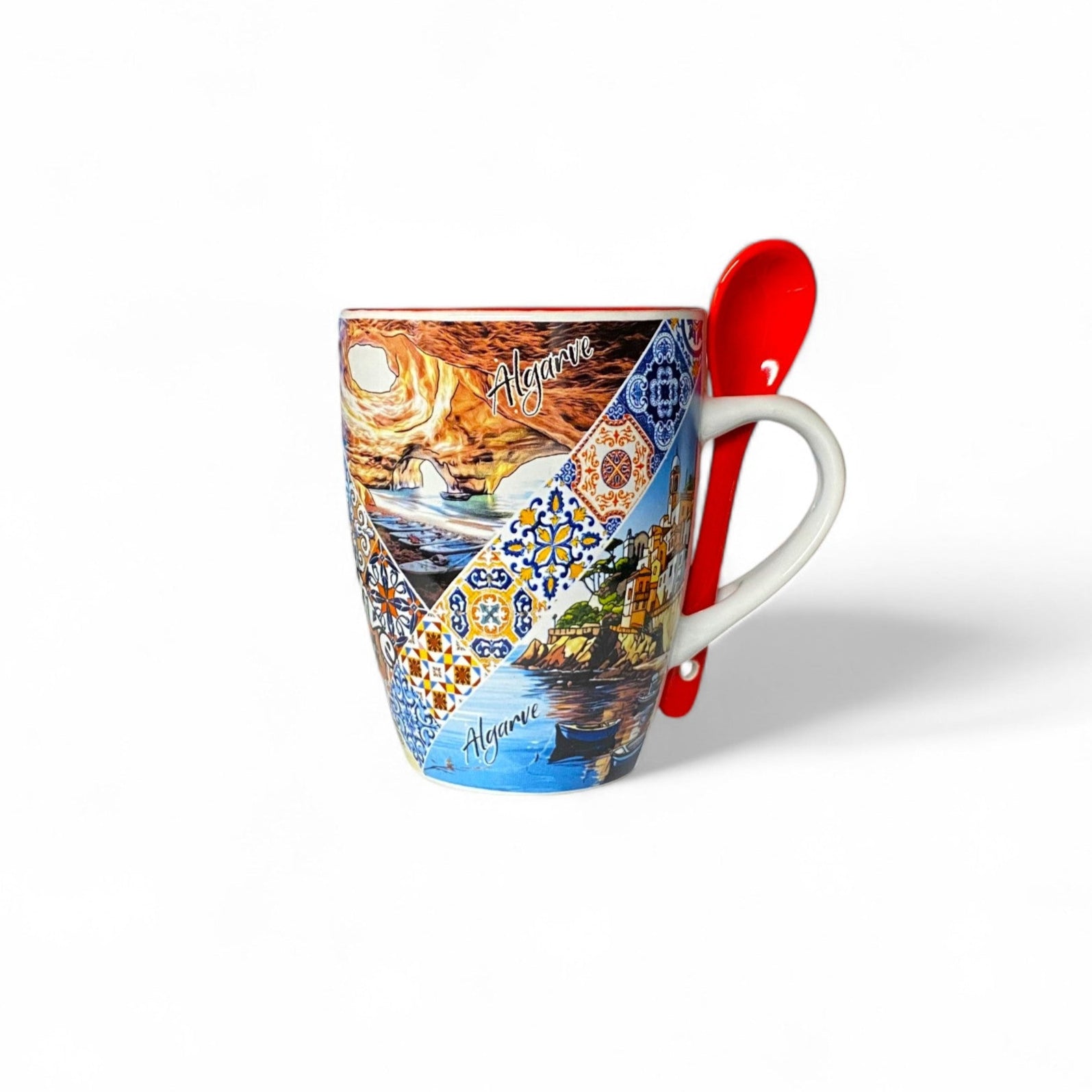 Algarve souvenir ceramic mug decorated with scenic illustrations of Algarve's coastline, azulejo tile bands, and a red ceramic spoon placed in the handle.
