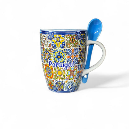 Portugal Keramik-Souvenirtasse mit mehrfarbigem Azulejo-Mosaikmuster und Löffel – Geschenkbox inklusive

