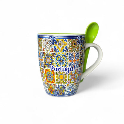 Portugal Keramik-Souvenirtasse mit mehrfarbigem Azulejo-Mosaikmuster und Löffel – Geschenkbox inklusive


