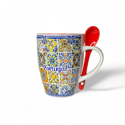 Portugal Keramik-Souvenirtasse mit mehrfarbigem Azulejo-Mosaikmuster und Löffel – Geschenkbox inklusive

